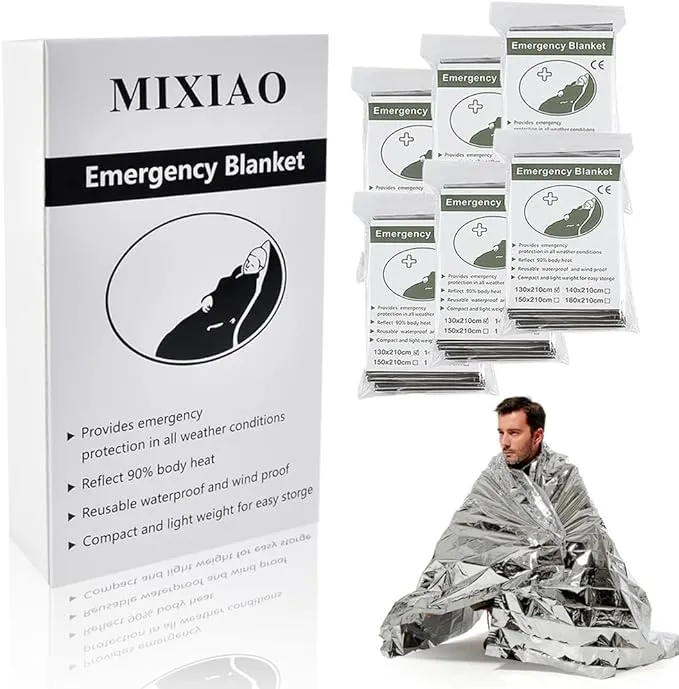 Emergency Foil Thermal Blanket (Pack of 6), Survival Blankets Perfect for Outdoors, Hiking, Survival, Marathons or First Aid