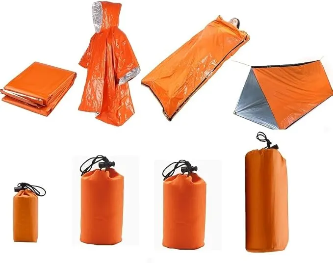 Emergency Shelter Sets, Survival Shelter 1 Survival Tent 1 Mylar Blankets 1 Emergency Sleeping Bag 1 Poncho for Outdoor Carcar Kits, Camping, Hiking