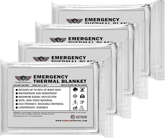 EVERLIT Survival Emergency Mylar Thermal Blanket, Foil Space Blanket Designed for NASA, Body Warmer Blanket for Outdoor, First Aid, Camping Gear, Hiking Travel (Silver, 4 Pack)