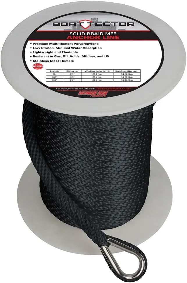 Extreme Max 3006.3472 BoatTector Solid Braid MFP Anchor Line with Thimble - 1/2" x 150', Black