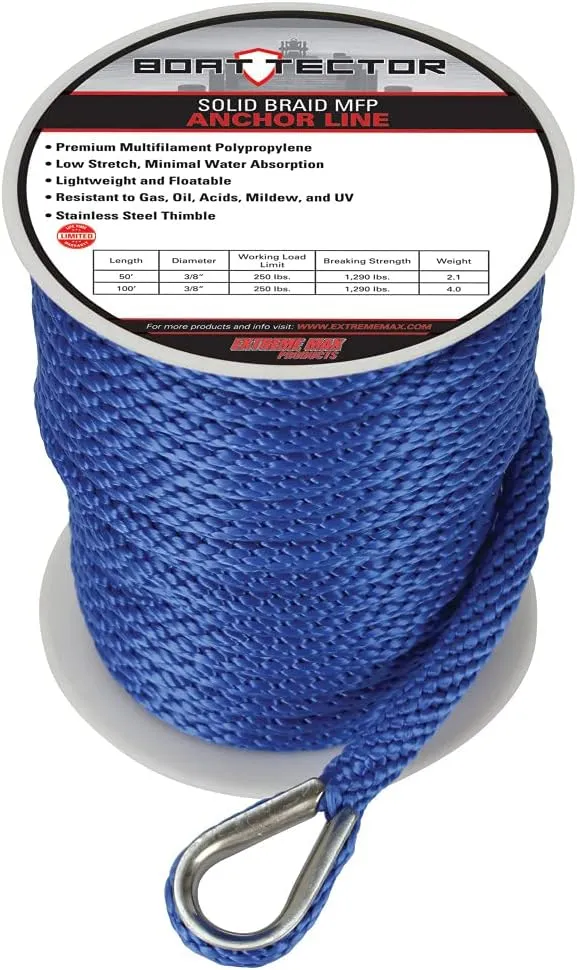 Extreme Max 3006.3482 BoatTector Solid Braid MFP Anchor Line with Thimble - 1/2" x 150', Royal Blue