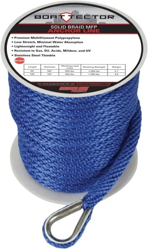 Extreme Max 3006.3482 BoatTector Solid Braid MFP Anchor Line with Thimble - 1/2" x 150', Royal Blue