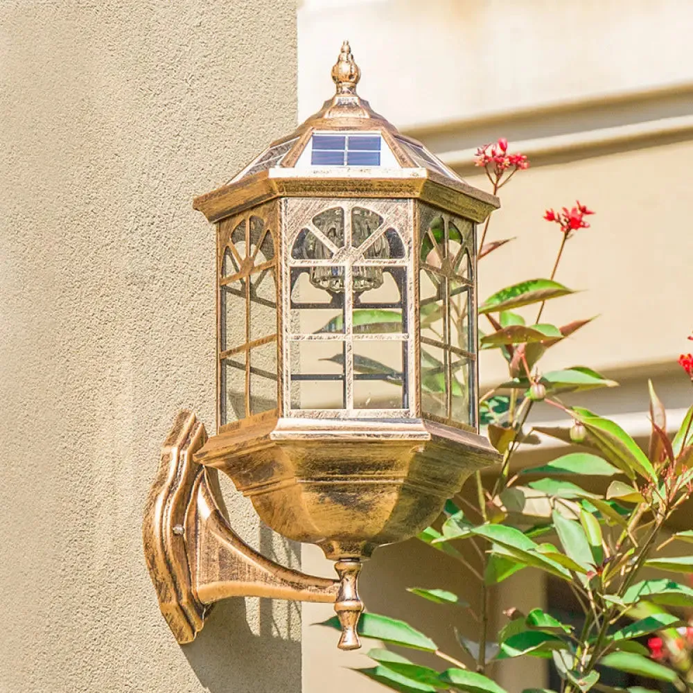 Faceted Glass Solar Wall Sconce with LED Lighting for Outdoor - Black/Brass Traditional Style