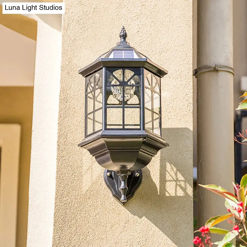 Faceted Glass Solar Wall Sconce with LED Lighting for Outdoor - Black/Brass Traditional Style