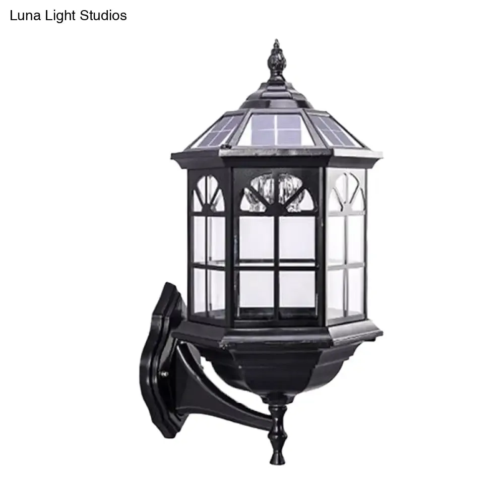 Faceted Glass Solar Wall Sconce with LED Lighting for Outdoor - Black/Brass Traditional Style