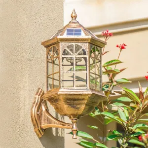 Faceted Glass Solar Wall Sconce with LED Lighting for Outdoor - Black/Brass Traditional Style
