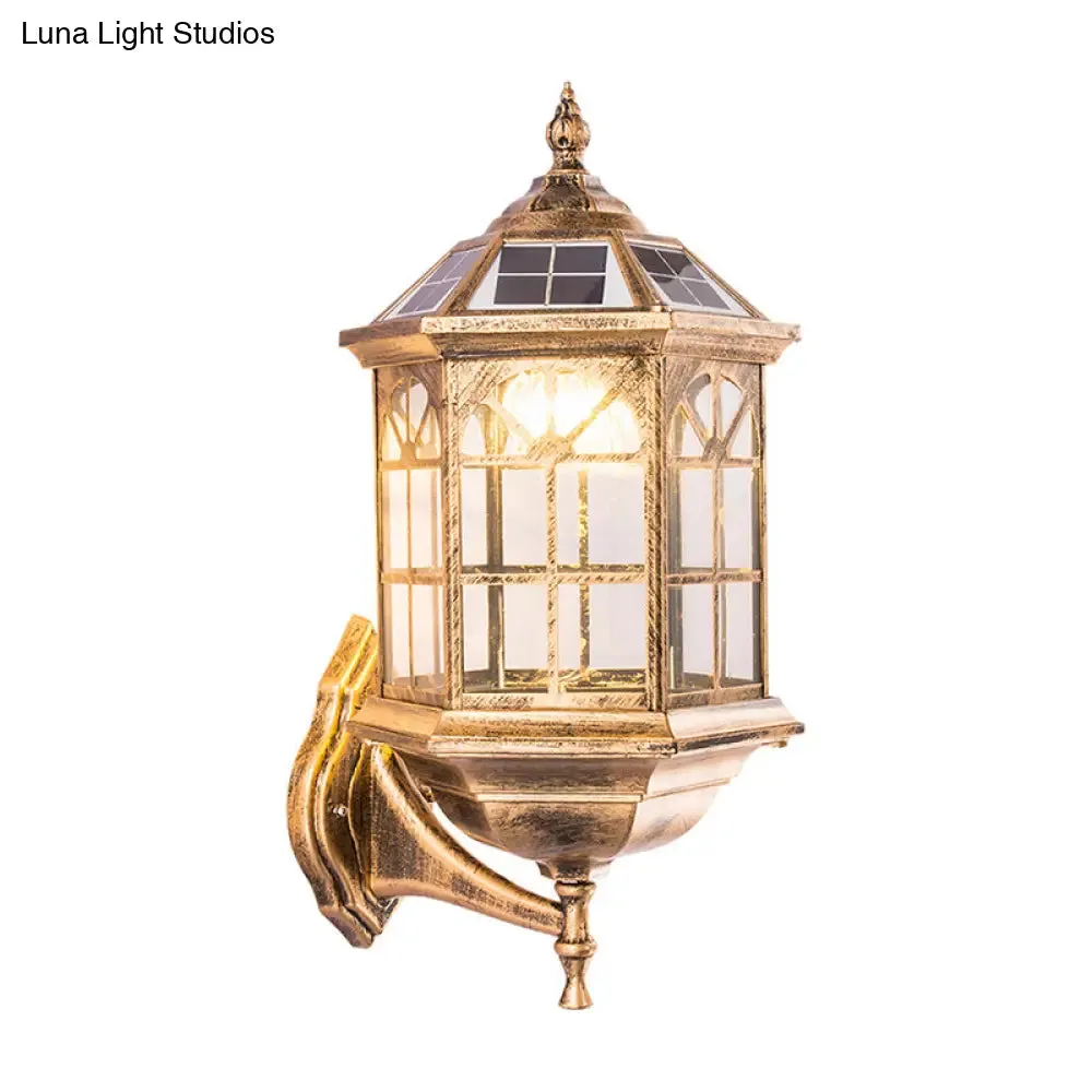 Faceted Glass Solar Wall Sconce with LED Lighting for Outdoor - Black/Brass Traditional Style