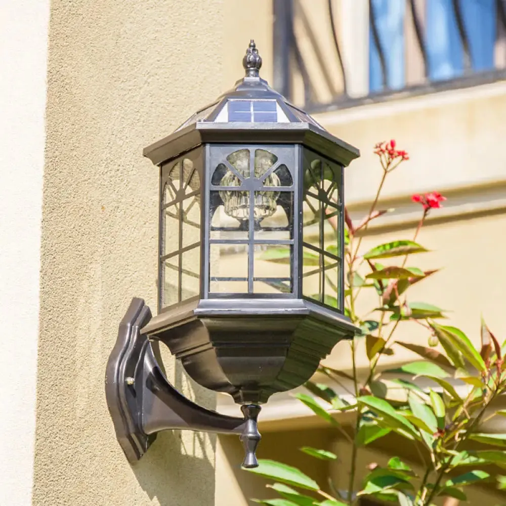 Faceted Glass Solar Wall Sconce with LED Lighting for Outdoor - Black/Brass Traditional Style