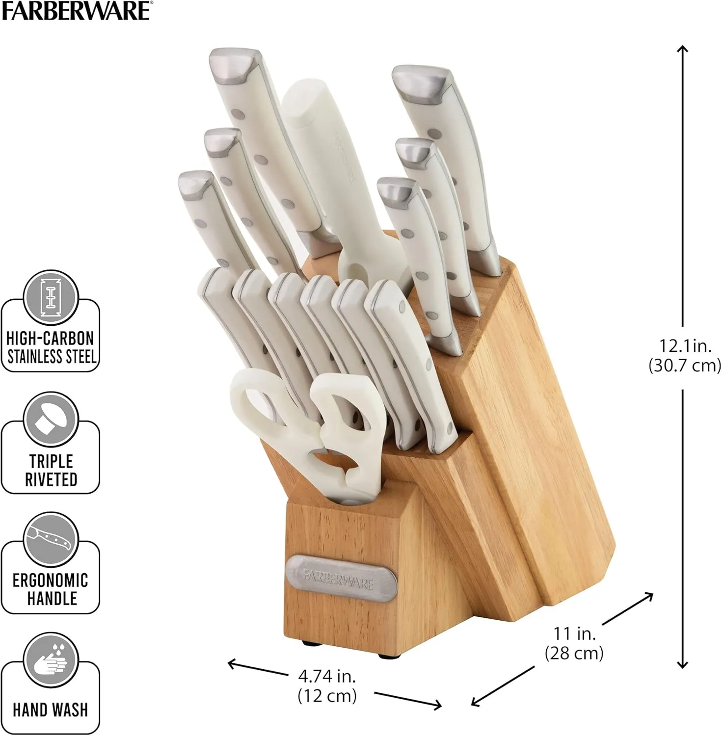Farberware 15-Piece Forged Triple Rivet Knife Block Set, High-Carbon Kitchen Knife set with Ergonomic Handles, 15-Piece Set, Razor-Sharp Knife Set, White