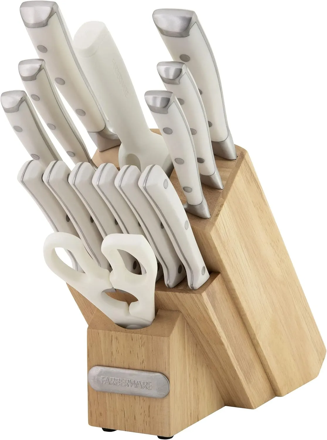 Farberware 15-Piece Forged Triple Rivet Knife Block Set, High-Carbon Kitchen Knife set with Ergonomic Handles, 15-Piece Set, Razor-Sharp Knife Set, White