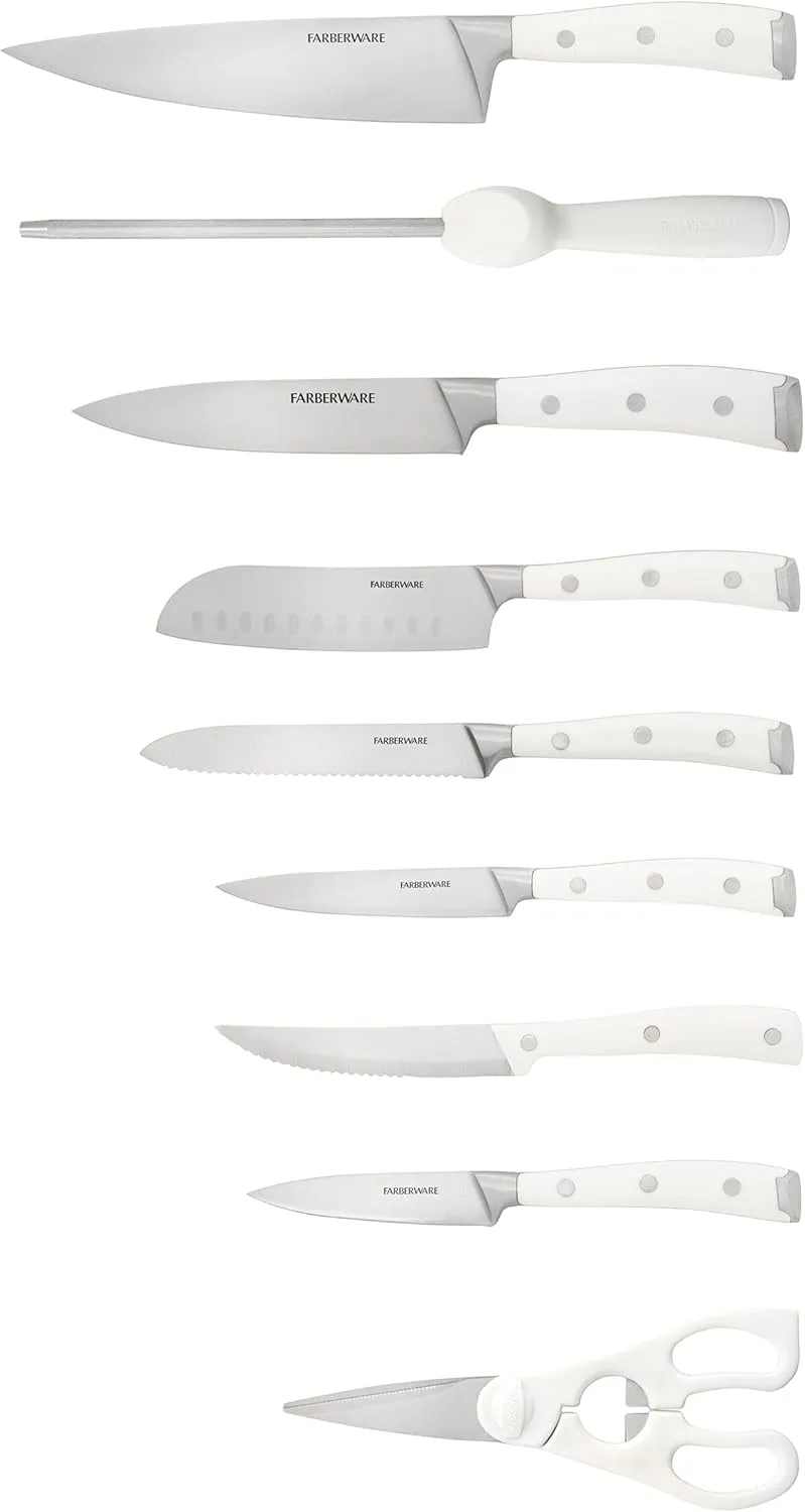 Farberware 15-Piece Forged Triple Rivet Knife Block Set, High-Carbon Kitchen Knife set with Ergonomic Handles, 15-Piece Set, Razor-Sharp Knife Set, White