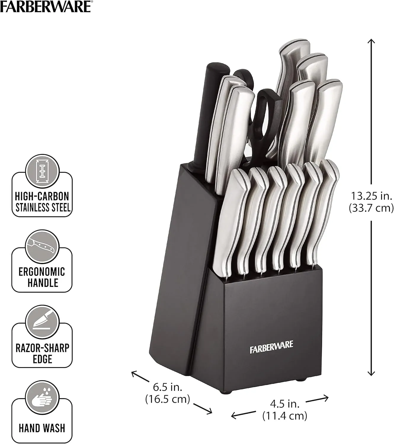 Farberware 15-Piece High-Carbon Stamped Stainless Steel Kitchen Knife Set with Wood Block, Steak Knives, Razor-Sharp, Black, Ultra-Sharp Blades, Ergonomic Comfort Grip