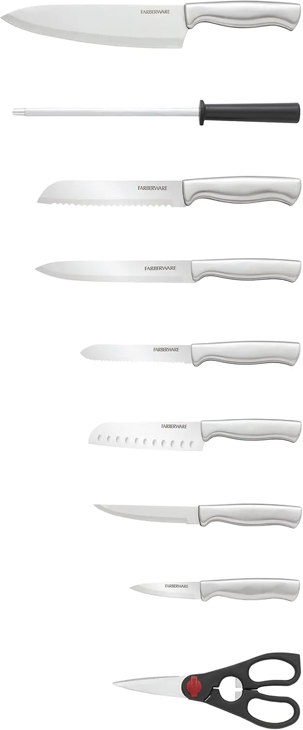 Farberware 15-Piece High-Carbon Stamped Stainless Steel Kitchen Knife Set with Wood Block, Steak Knives, Razor-Sharp, Black, Ultra-Sharp Blades, Ergonomic Comfort Grip