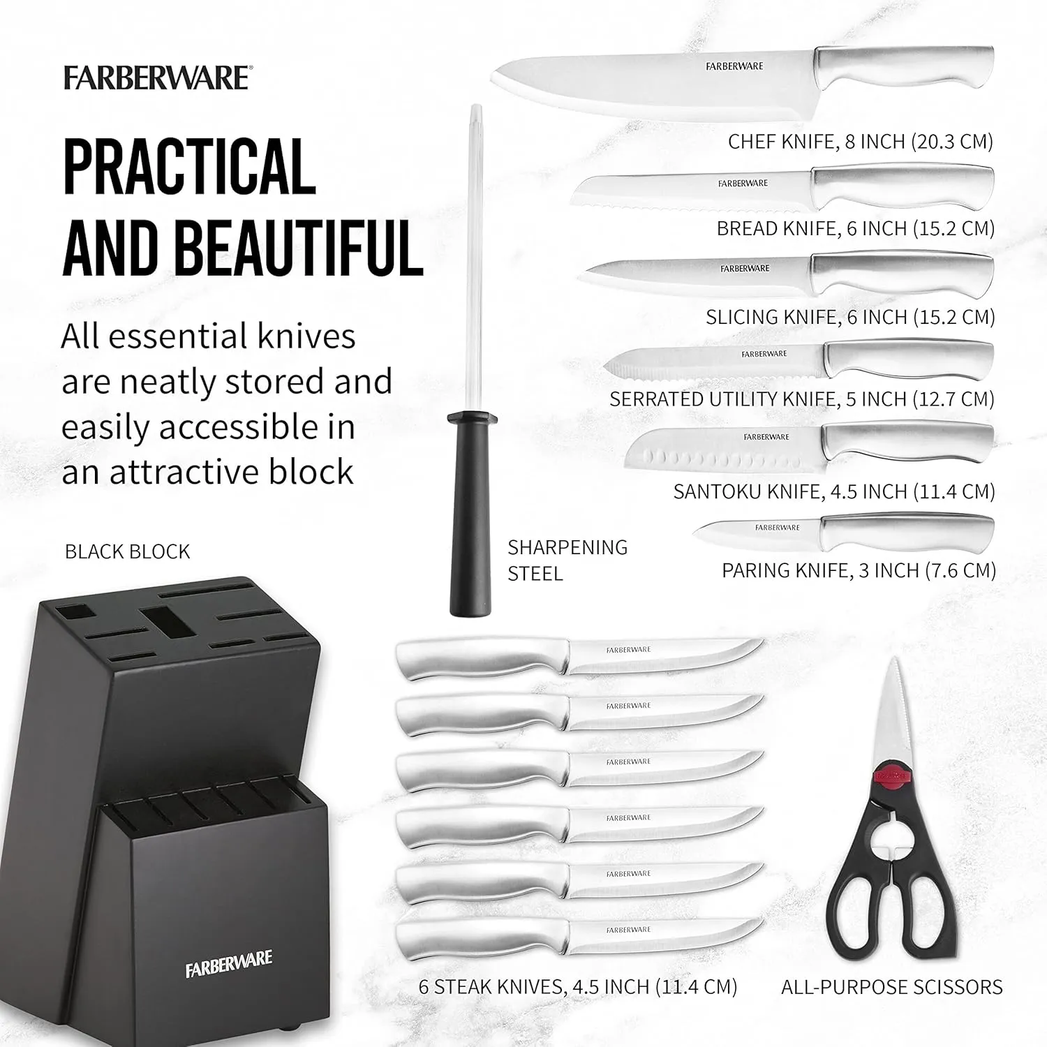 Farberware 15-Piece High-Carbon Stamped Stainless Steel Kitchen Knife Set with Wood Block, Steak Knives, Razor-Sharp, Black, Ultra-Sharp Blades, Ergonomic Comfort Grip