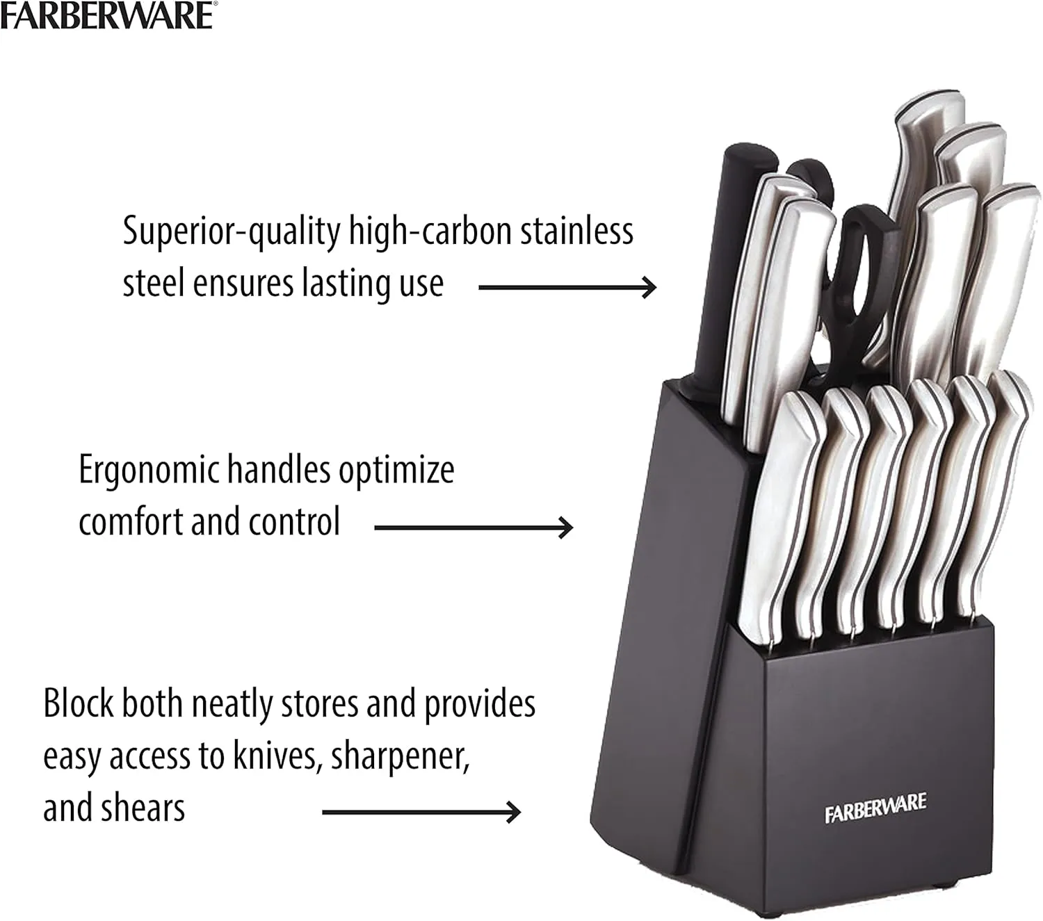 Farberware 15-Piece High-Carbon Stamped Stainless Steel Kitchen Knife Set with Wood Block, Steak Knives, Razor-Sharp, Black, Ultra-Sharp Blades, Ergonomic Comfort Grip