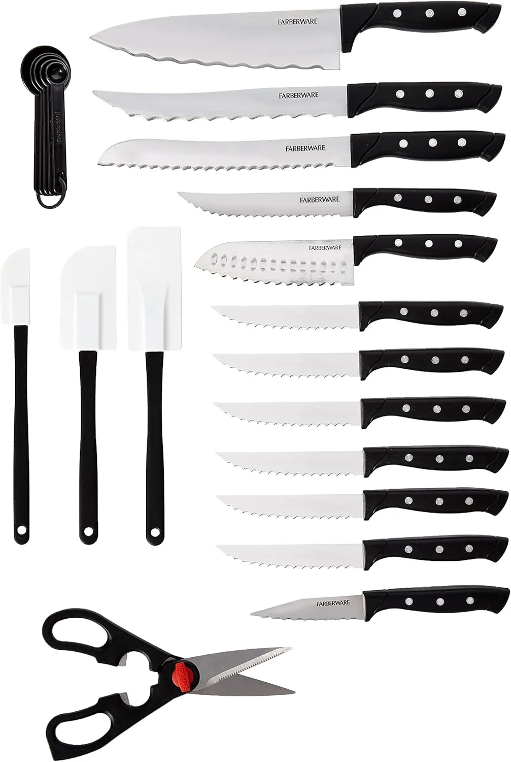 Farberware 22-Piece Triple Rivet Rust-Resistant Wave Edge High-Carbon Stainless Steel Knife Block Set, Beechwood/Black