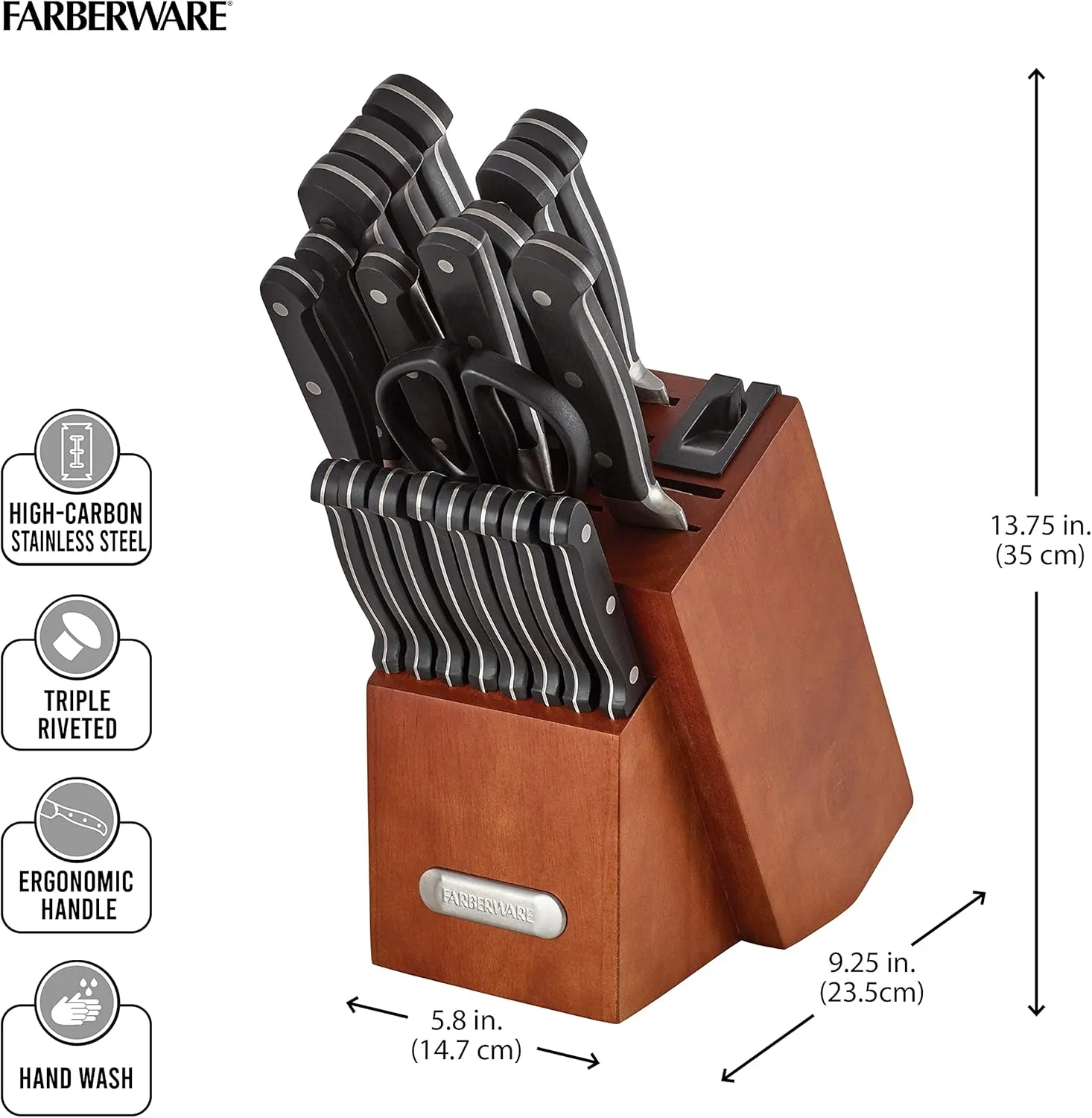 Farberware Forged Triple Rivet Kitchen Knife Block Set with Built-In Knife Sharpener, 21-Piece Set, High-Carbon Stainless Steel Knife Set Includes Meat Cleaver, Carving Fork and 8 Steak Knives, Cherry