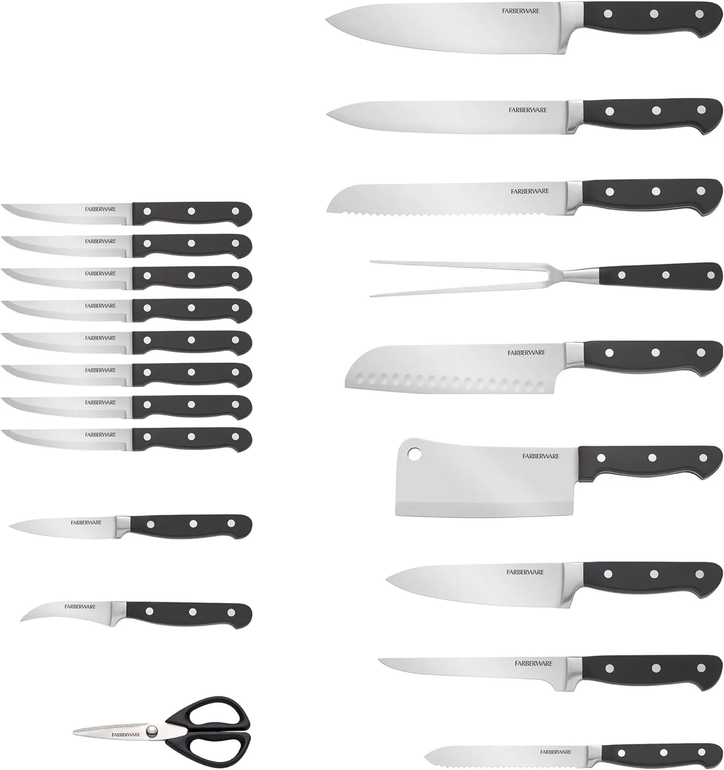 Farberware Forged Triple Rivet Kitchen Knife Block Set with Built-In Knife Sharpener, 21-Piece Set, High-Carbon Stainless Steel Knife Set Includes Meat Cleaver, Carving Fork and 8 Steak Knives, Cherry