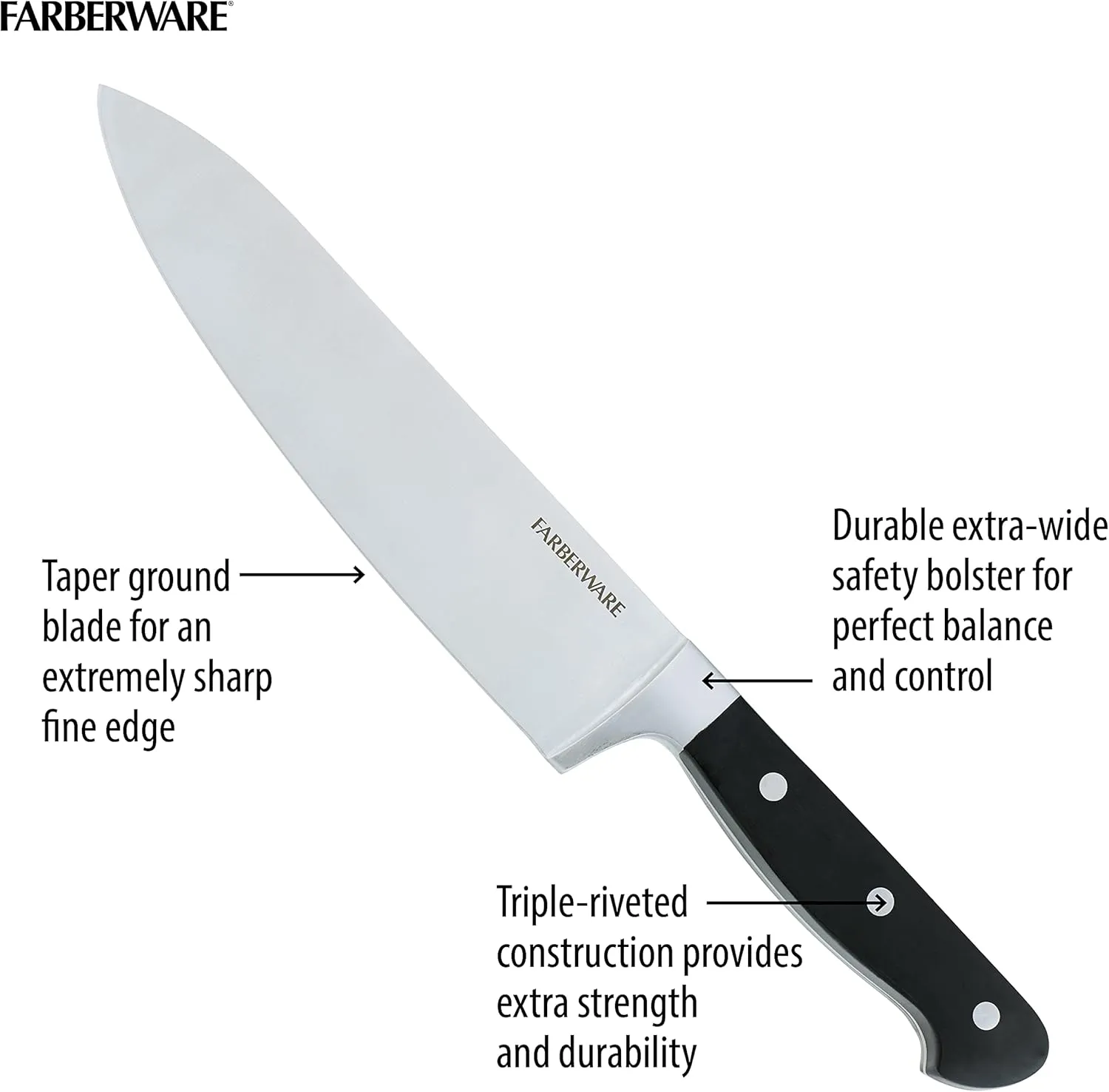 Farberware Forged Triple Rivet Kitchen Knife Block Set with Built-In Knife Sharpener, 21-Piece Set, High-Carbon Stainless Steel Knife Set Includes Meat Cleaver, Carving Fork and 8 Steak Knives, Cherry