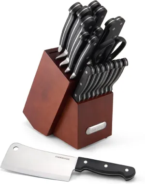 Farberware Forged Triple Rivet Kitchen Knife Block Set with Built-In Knife Sharpener, 21-Piece Set, High-Carbon Stainless Steel Knife Set Includes Meat Cleaver, Carving Fork and 8 Steak Knives, Cherry