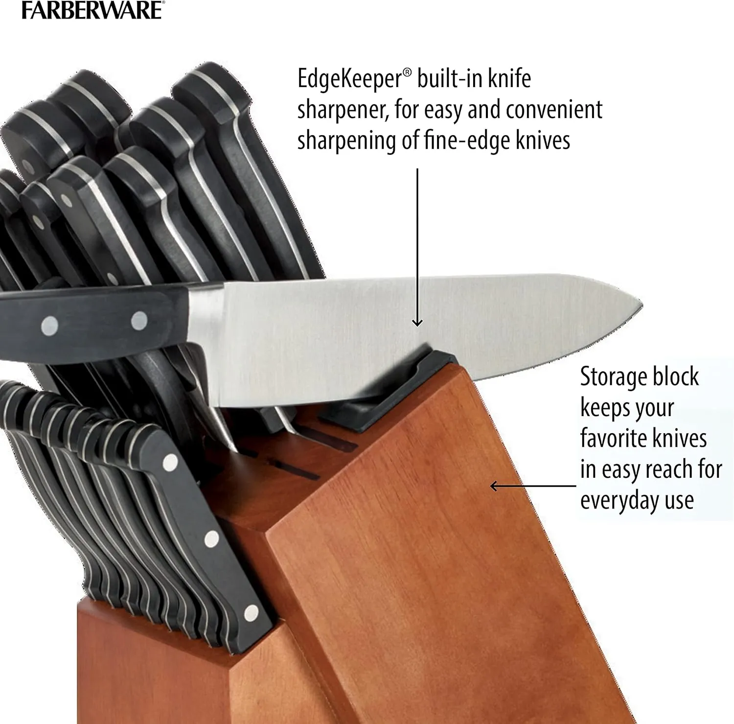 Farberware Forged Triple Rivet Kitchen Knife Block Set with Built-In Knife Sharpener, 21-Piece Set, High-Carbon Stainless Steel Knife Set Includes Meat Cleaver, Carving Fork and 8 Steak Knives, Cherry