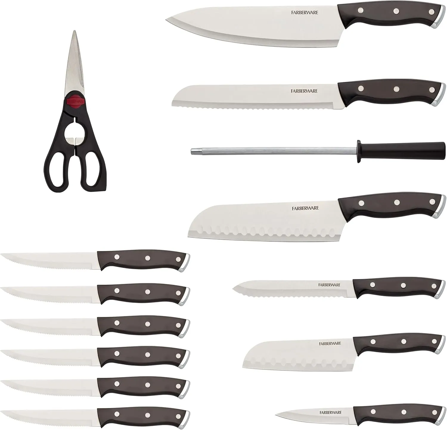 Farberware Triple Riveted Knife Block Set, 15-Piece, Black Pine, High Carbon-Stainless Steel Blades, Ergonomic Handles, Includes Natural Pinewood Block