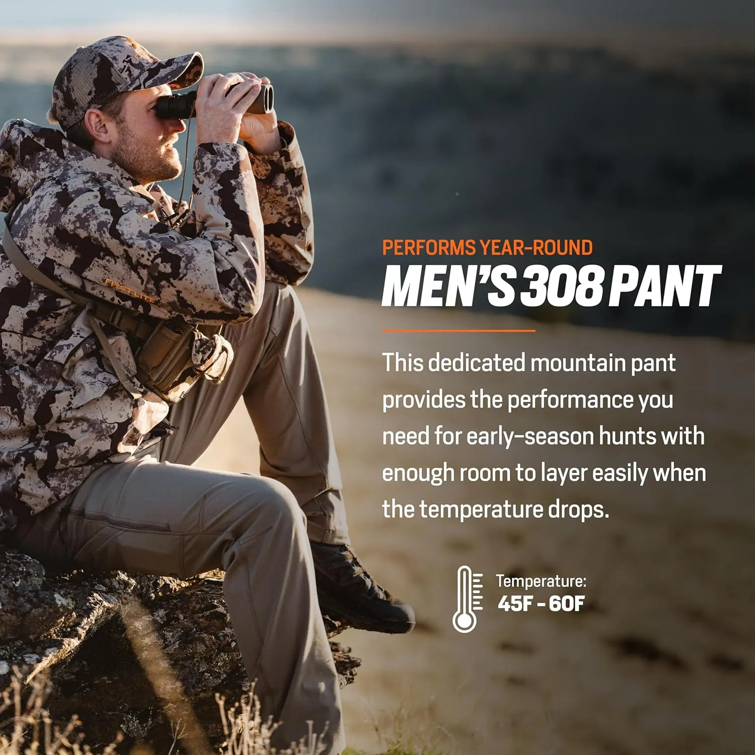 First Lite Men’s 308 Pant - Men’s Outdoor Stretch Camo Hunting Pants with Hip Vents, Year Round Lightweight Hunting Gear