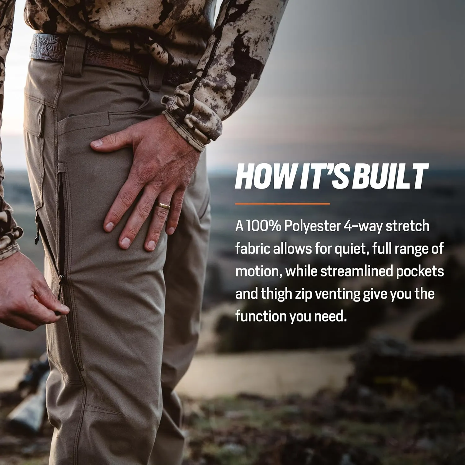 First Lite Men’s 308 Pant - Men’s Outdoor Stretch Camo Hunting Pants with Hip Vents, Year Round Lightweight Hunting Gear
