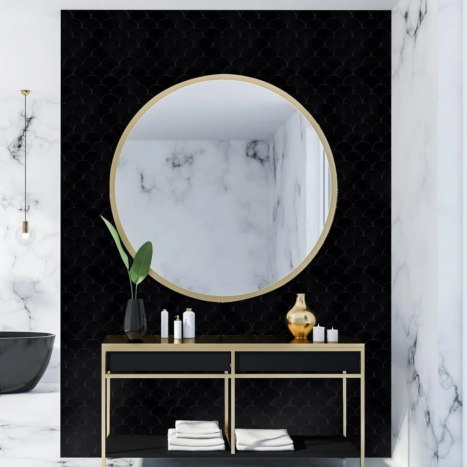 Fish Scale Black Peel and Stick Backsplash Tile, Fan Mosaic Self Adhesive Wall Tiles for Kitchen Bathroom-6 Sheet