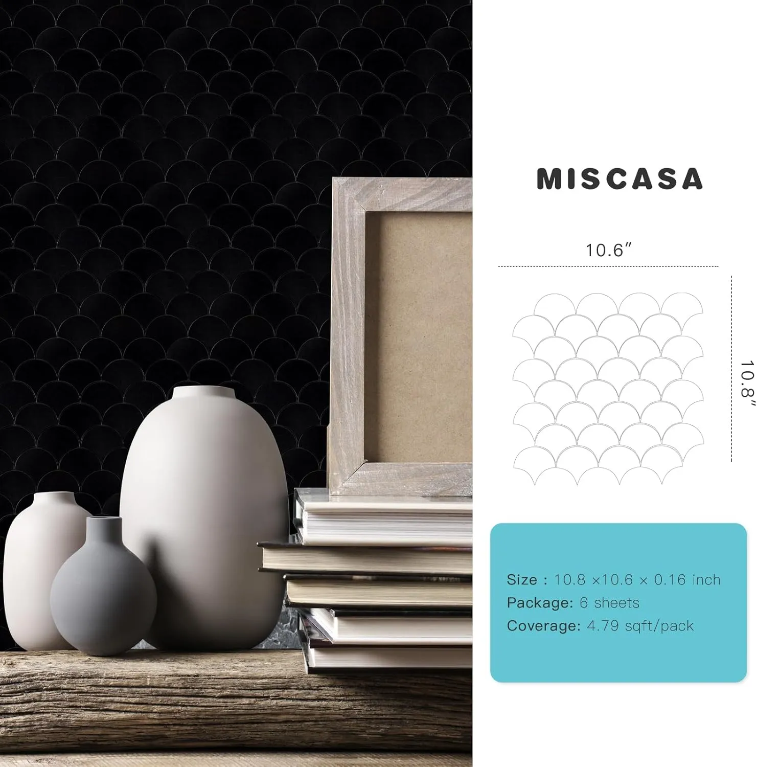 Fish Scale Black Peel and Stick Backsplash Tile, Fan Mosaic Self Adhesive Wall Tiles for Kitchen Bathroom-6 Sheet