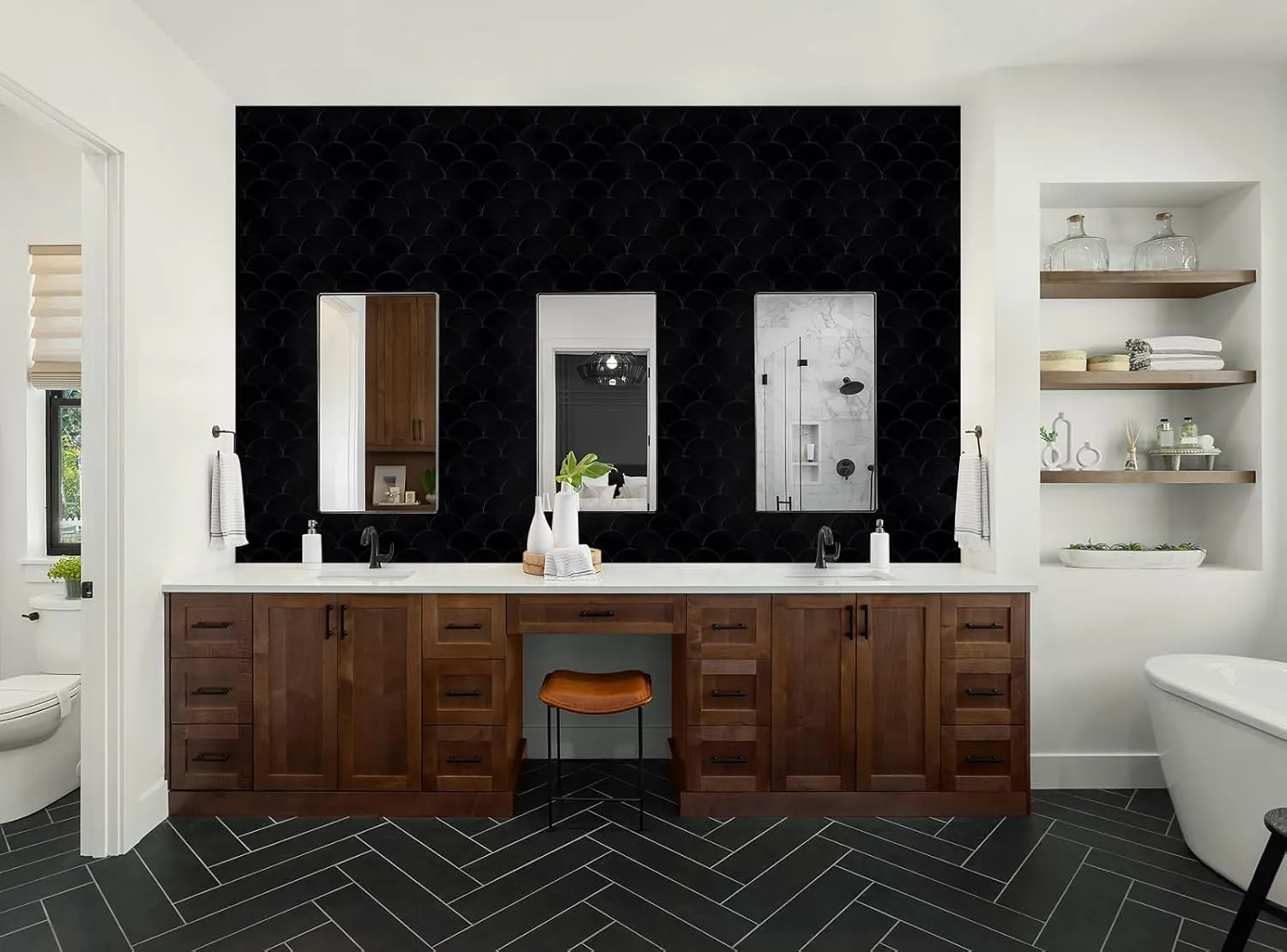 Fish Scale Black Peel and Stick Backsplash Tile, Fan Mosaic Self Adhesive Wall Tiles for Kitchen Bathroom-6 Sheet