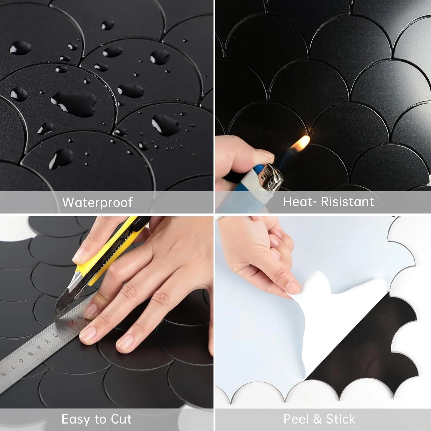 Fish Scale Black Peel and Stick Backsplash Tile, Fan Mosaic Self Adhesive Wall Tiles for Kitchen Bathroom-6 Sheet