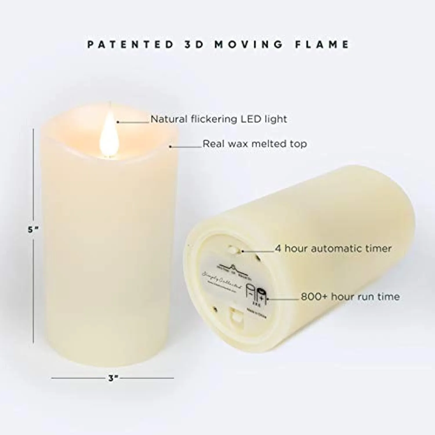 FLAMELESS CANDLES with Realistic Flickering Flame - Authentic Candle Light for a Relaxing, Beautiful home; Real Wax Pillar with Timer, Battery Operated LED, Unscented, Ivory White, 3x5"