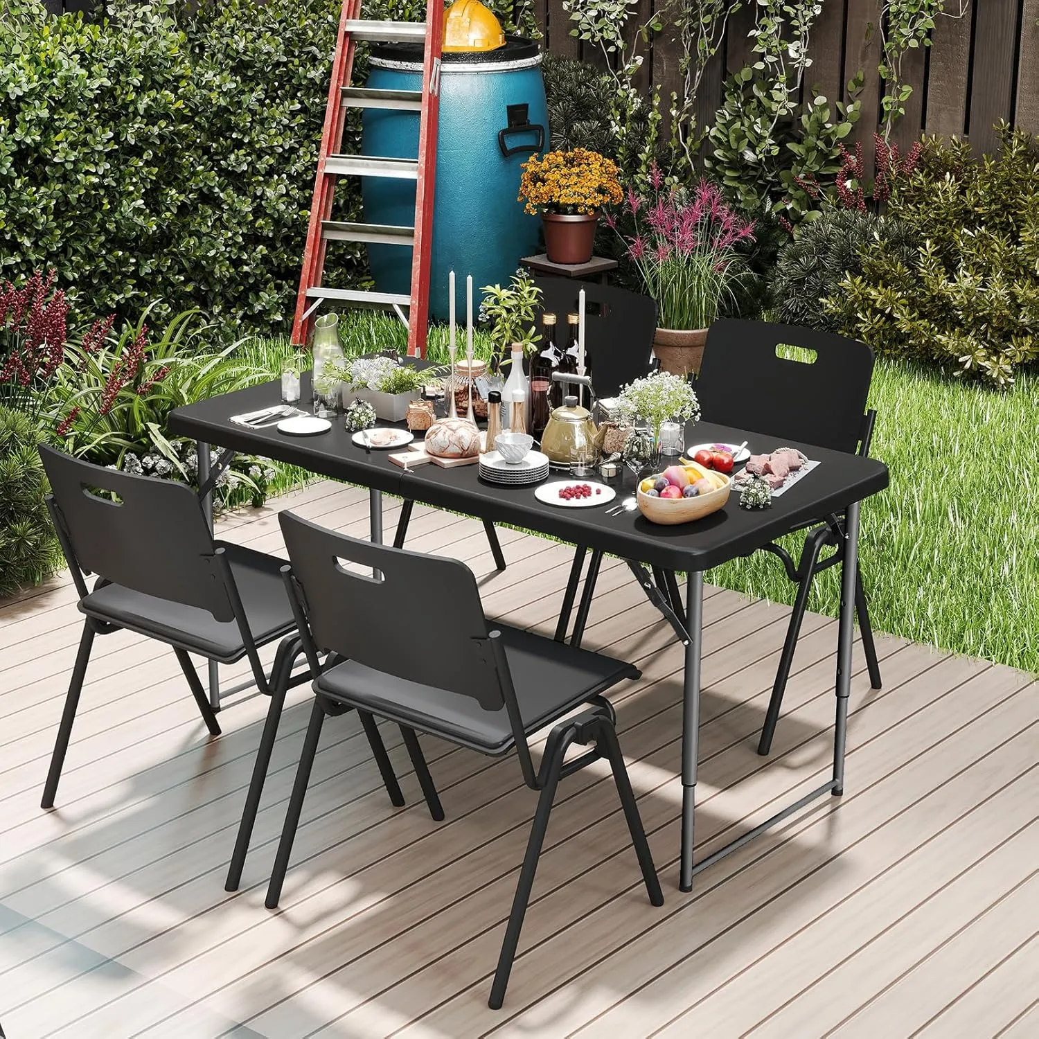 Folding Table 4 Foot - Portable Heavy Duty Plastic Fold-in-Half Utility Table Small Indoor Outdoor Adjustable Height Folding with Carrying Handle, Camping and Party Black
