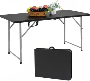 Folding Table 4 Foot - Portable Heavy Duty Plastic Fold-in-Half Utility Table Small Indoor Outdoor Adjustable Height Folding with Carrying Handle, Camping and Party Black