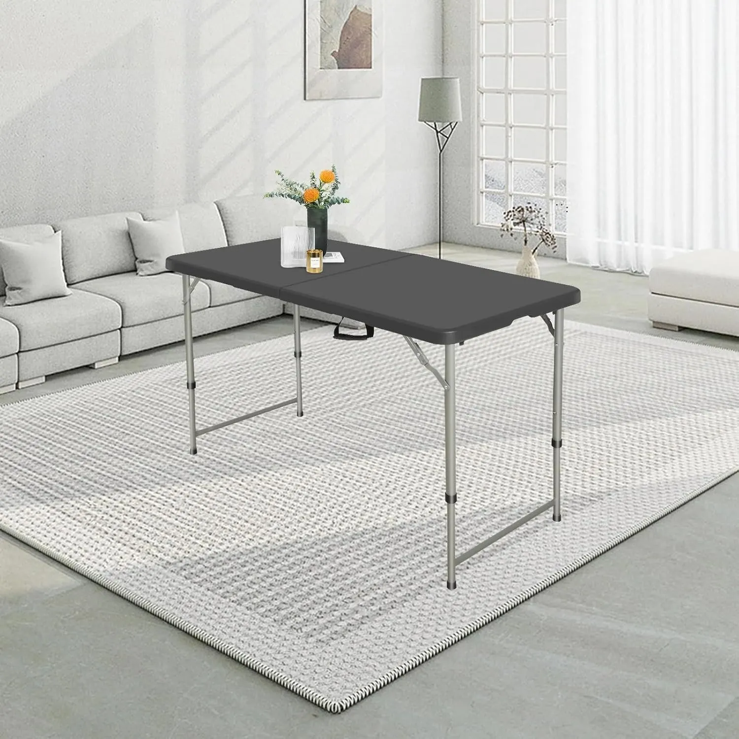 Folding Table 4 Foot - Portable Heavy Duty Plastic Fold-in-Half Utility Table Small Indoor Outdoor Adjustable Height Folding with Carrying Handle, Camping and Party Black
