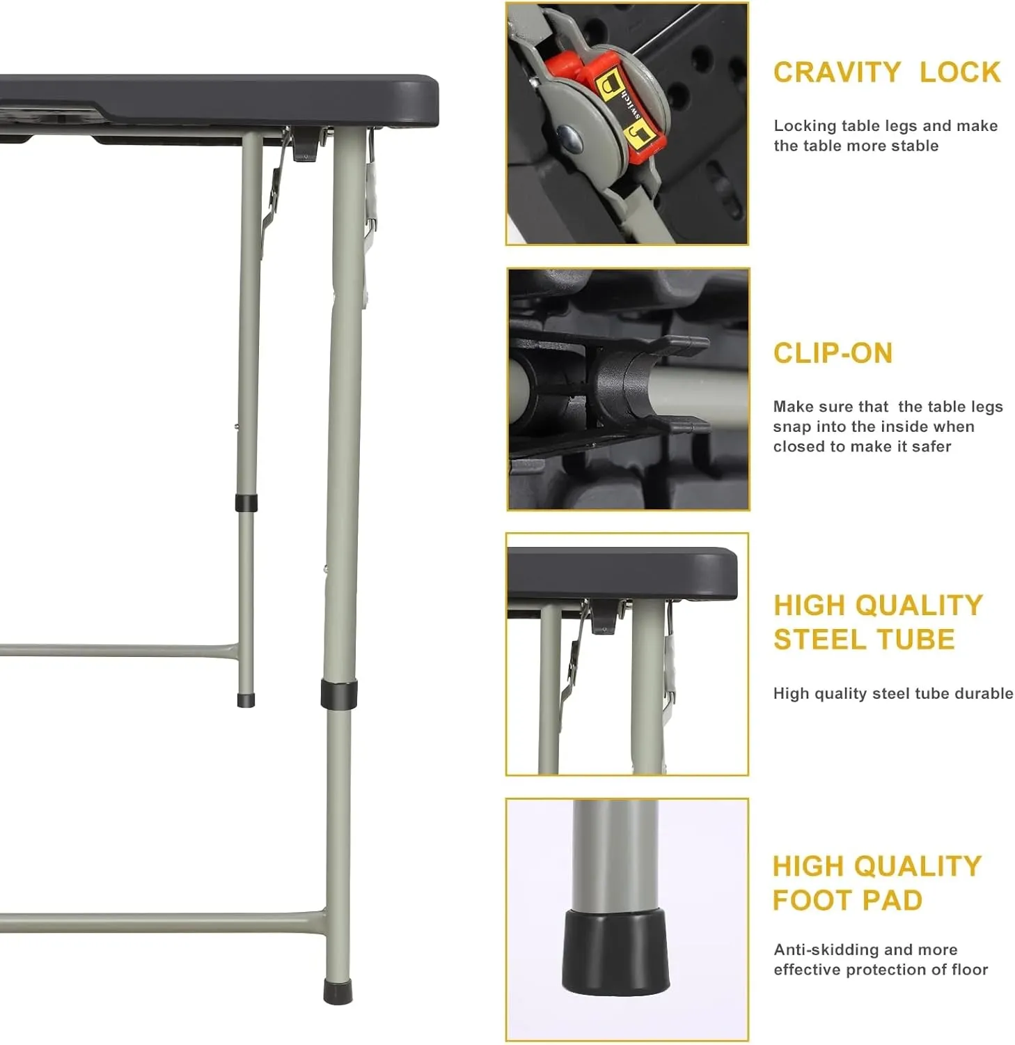 Folding Table 4 Foot - Portable Heavy Duty Plastic Fold-in-Half Utility Table Small Indoor Outdoor Adjustable Height Folding with Carrying Handle, Camping and Party Black