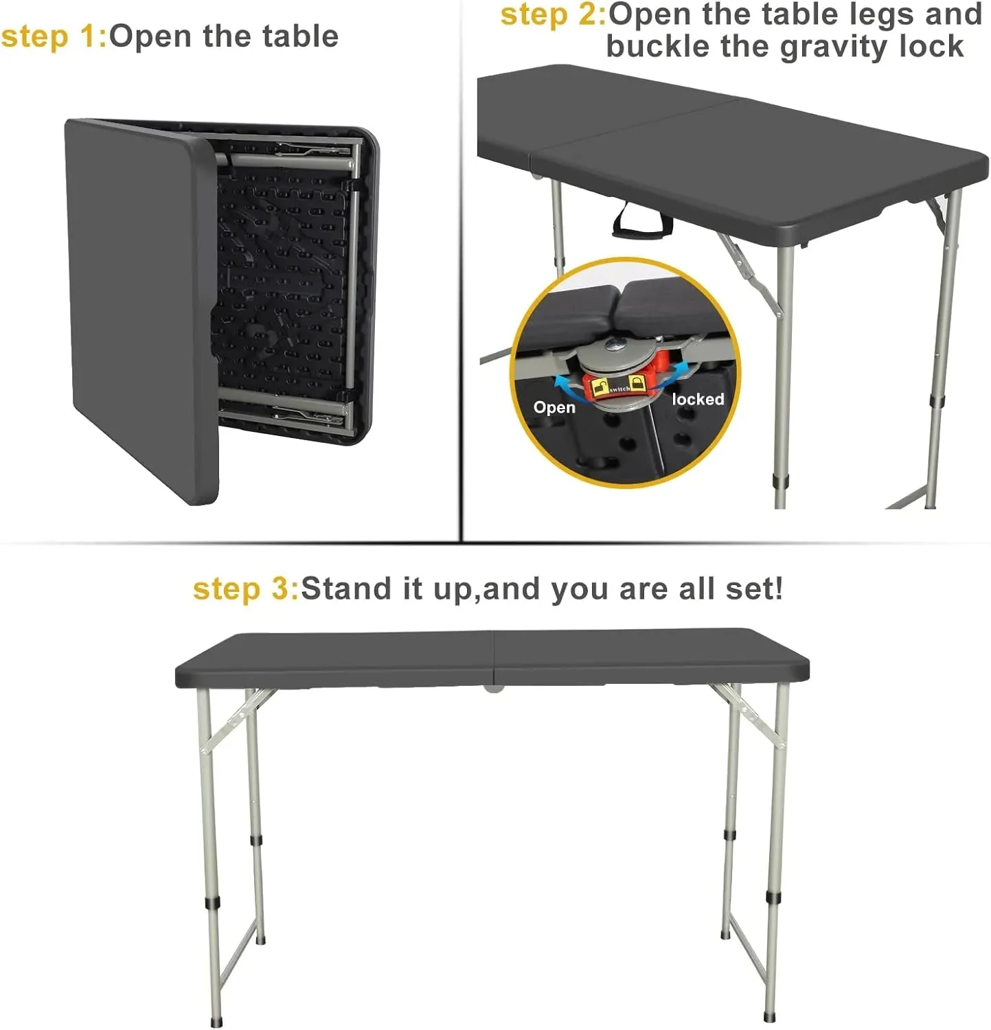 Folding Table 4 Foot - Portable Heavy Duty Plastic Fold-in-Half Utility Table Small Indoor Outdoor Adjustable Height Folding with Carrying Handle, Camping and Party Black