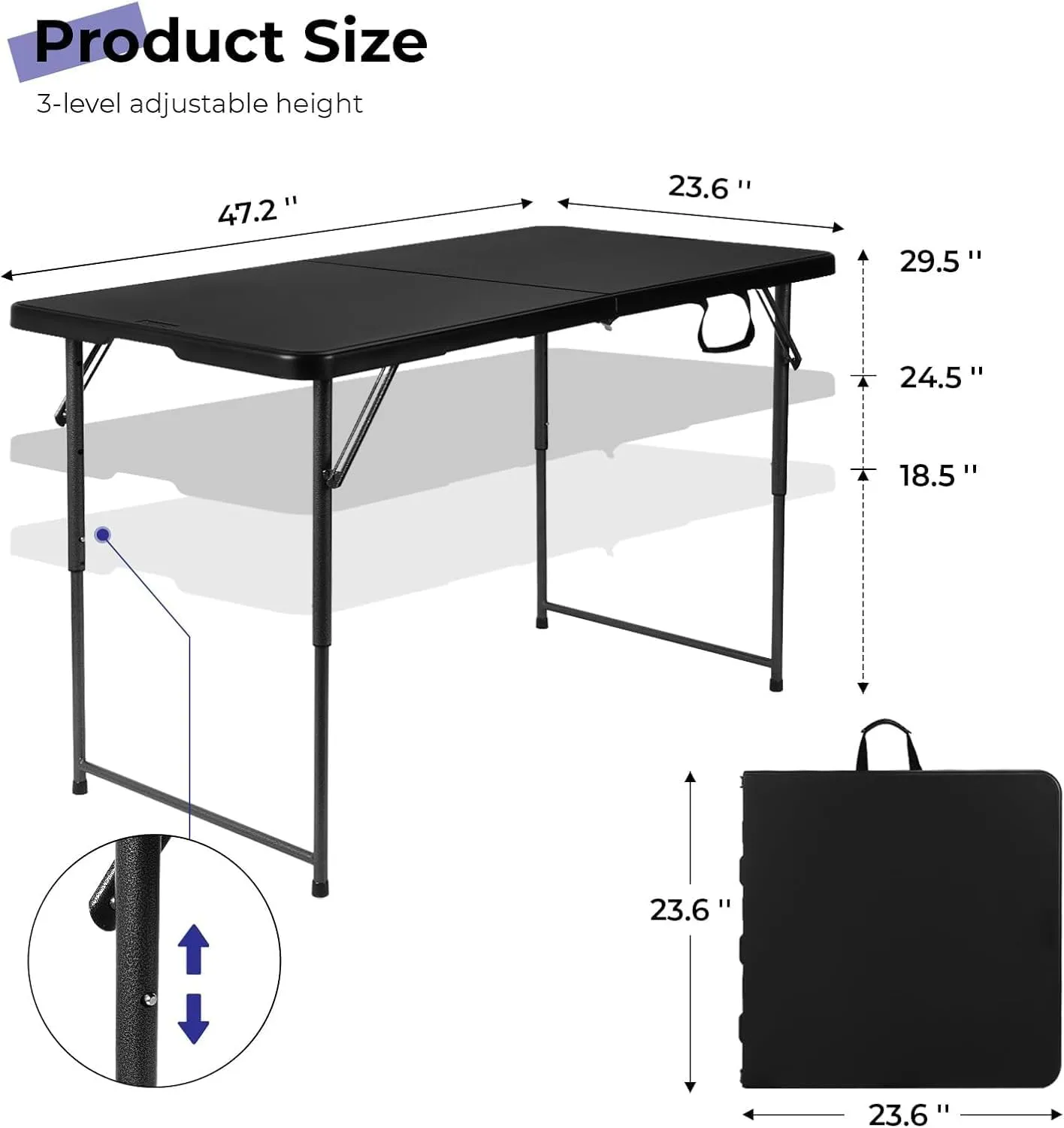 Folding Table 4 Foot - Portable Heavy Duty Plastic Fold-in-Half Utility Table Small Indoor Outdoor Adjustable Height Folding with Carrying Handle, Camping and Party Black
