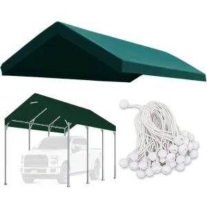FORALEBEN Carport Replacement Canopy Cover for 10' x 20' Car Tent Top Garage Shelter Cover Tarp with Ball Bungees (Only Top Cover, Frame Not Include) Green