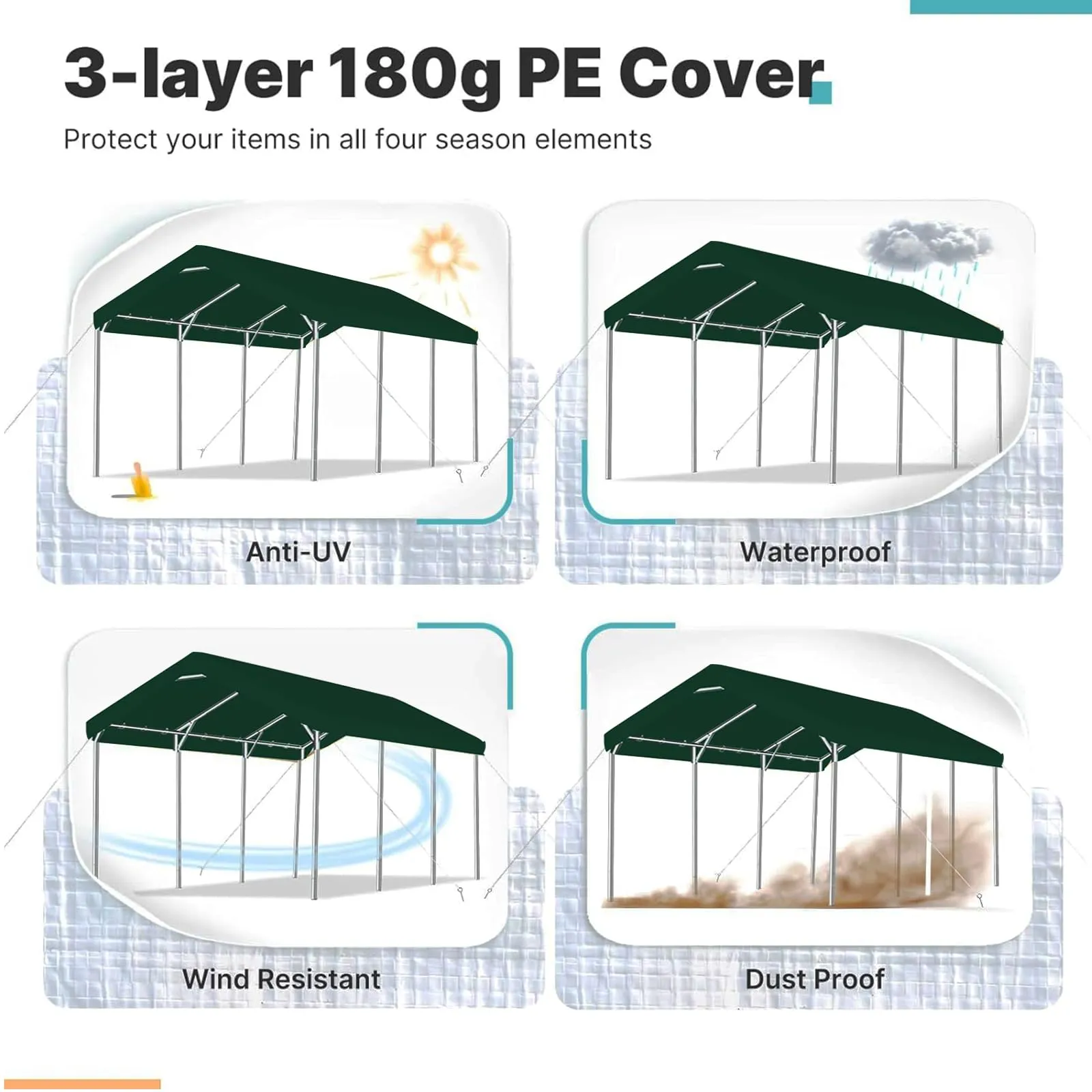 FORALEBEN Carport Replacement Canopy Cover for 10' x 20' Car Tent Top Garage Shelter Cover Tarp with Ball Bungees (Only Top Cover, Frame Not Include) Green