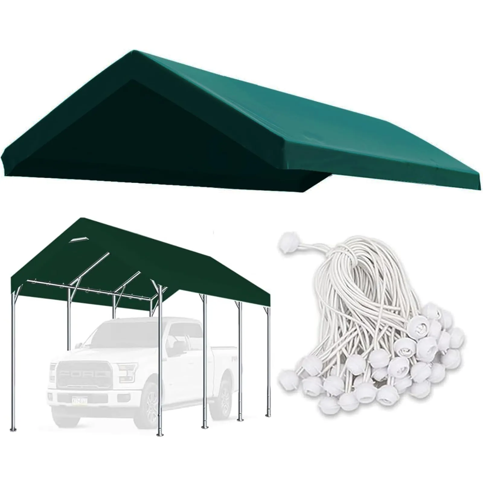 FORALEBEN Carport Replacement Canopy Cover for 10' x 20' Car Tent Top Garage Shelter Cover Tarp with Ball Bungees (Only Top Cover, Frame Not Include) Green