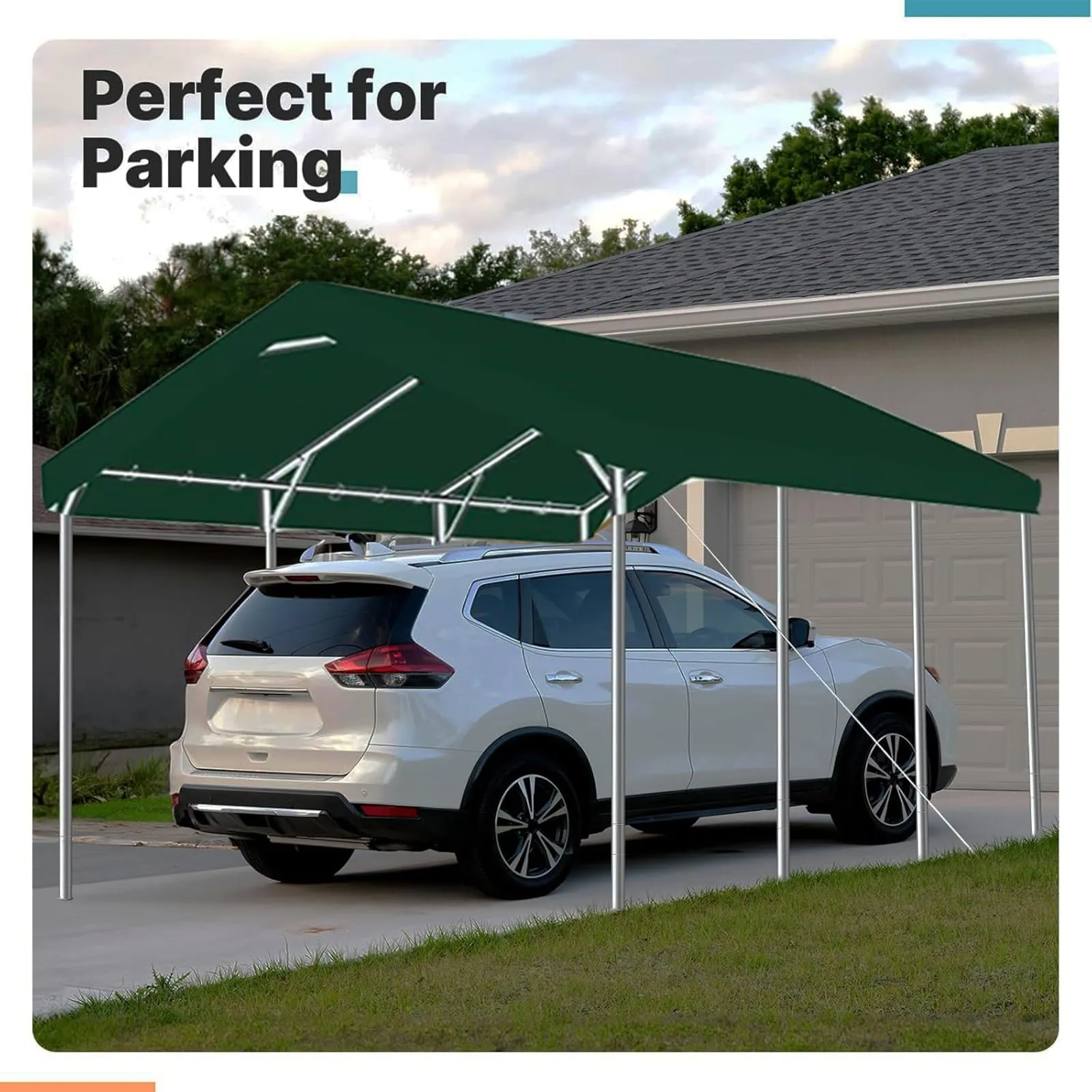 FORALEBEN Carport Replacement Canopy Cover for 10' x 20' Car Tent Top Garage Shelter Cover Tarp with Ball Bungees (Only Top Cover, Frame Not Include) Green