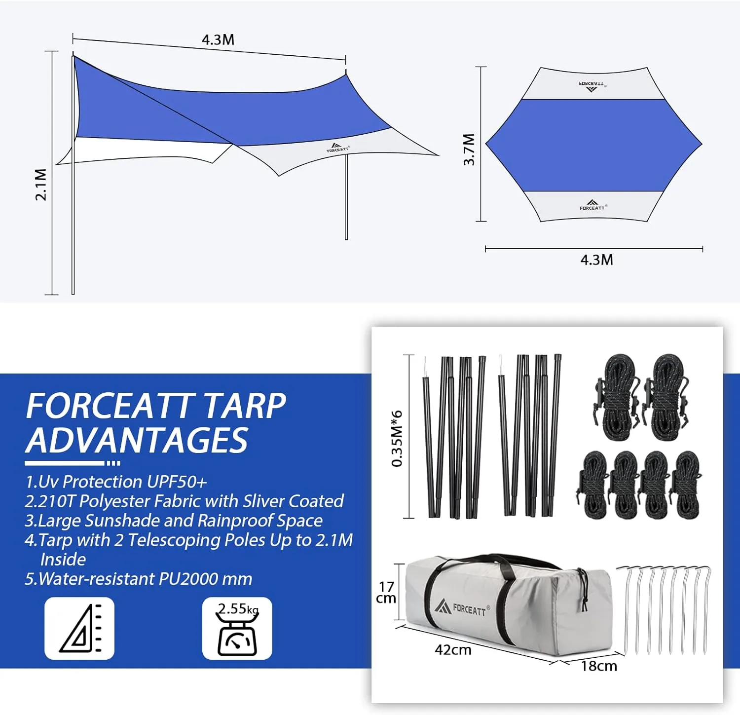 Forceatt 12x14FT Waterproof Anti-UV Camping Tarp with 2 Poles (UPF50 ), Lightweight Sun Shelter for Car, Tent, Hammock in Hiking, Backpacking, Garden and Traveling