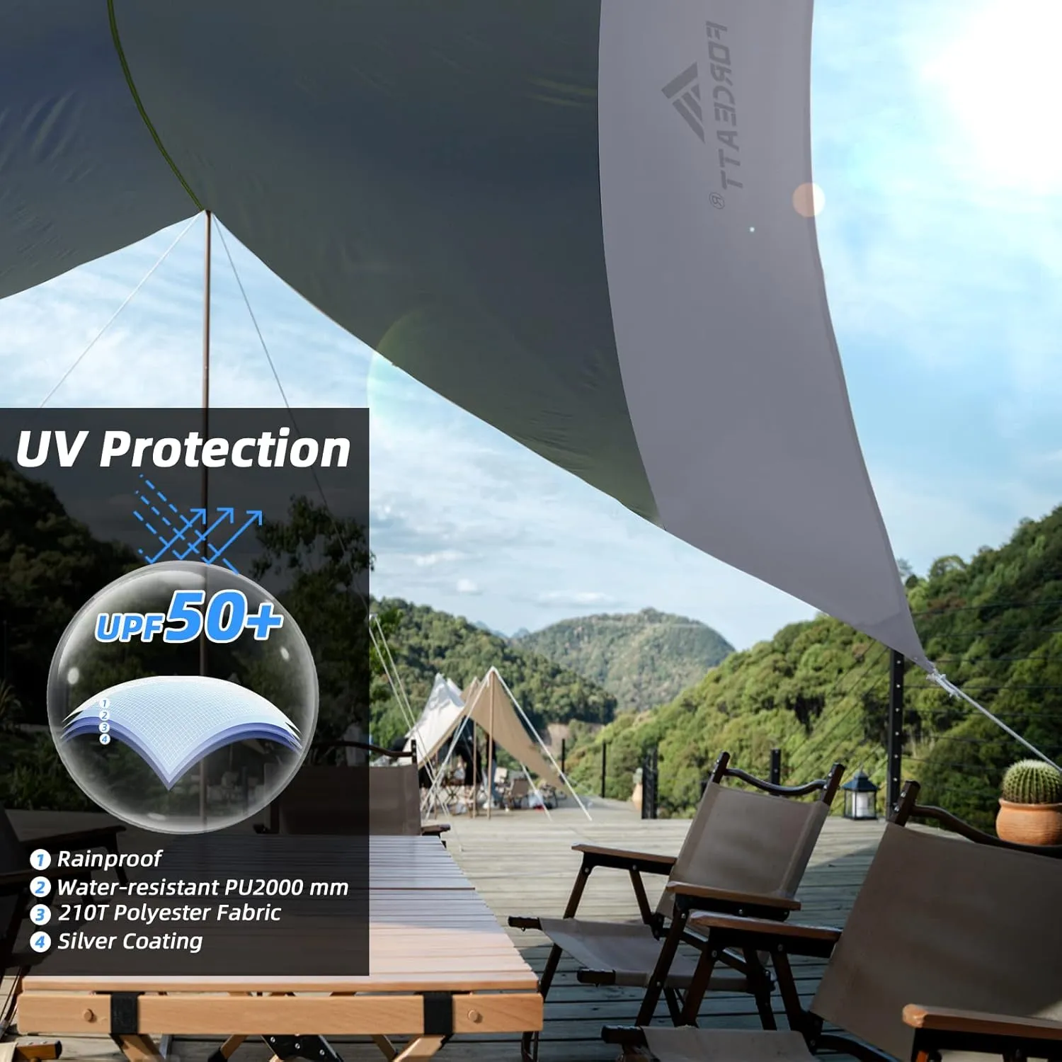 Forceatt 12x14FT Waterproof Anti-UV Camping Tarp with 2 Poles (UPF50 ), Lightweight Sun Shelter for Car, Tent, Hammock in Hiking, Backpacking, Garden and Traveling