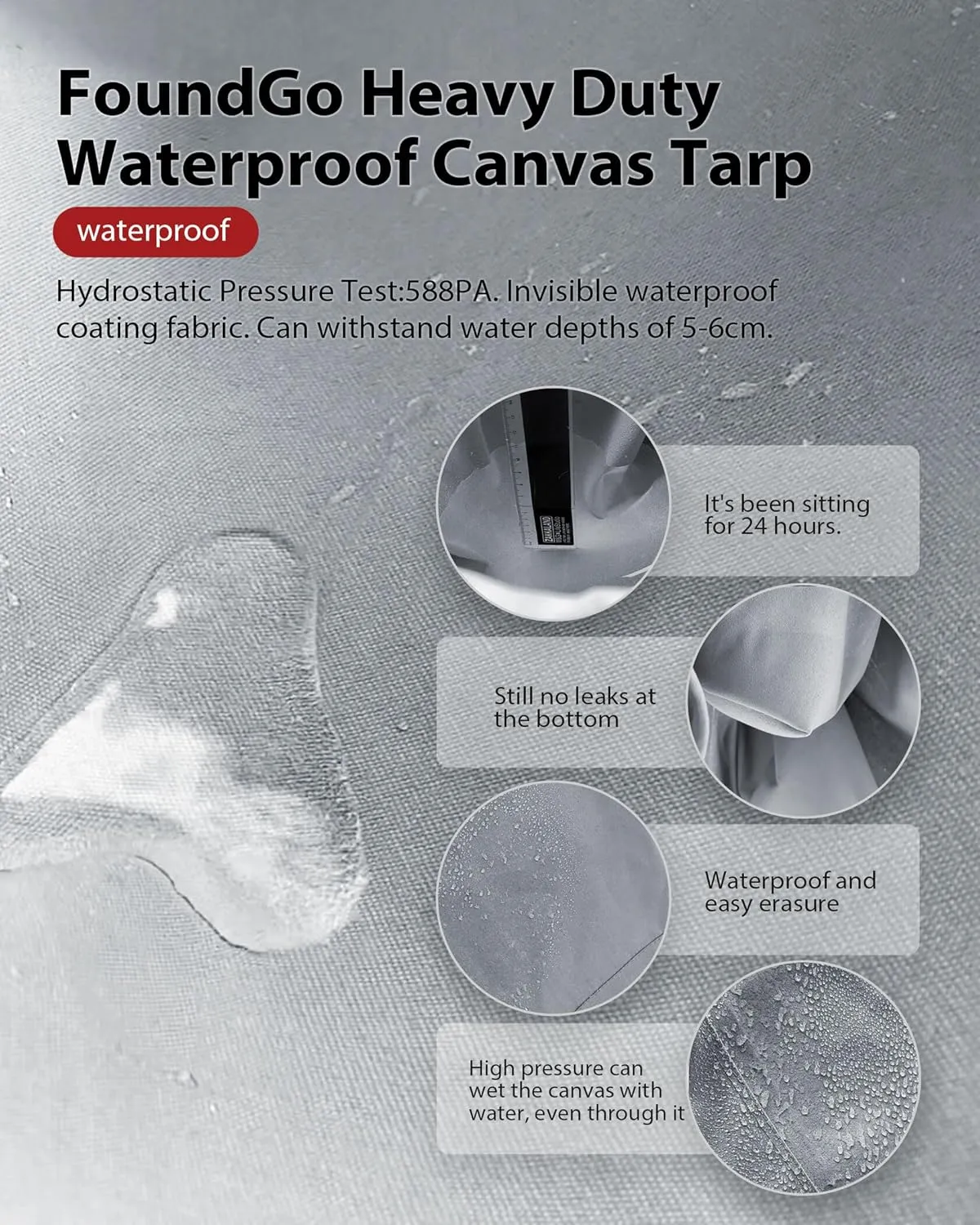 FoundGo Canvas Tarp 12x12ft Heavy Duty Waterproof Tarps with Grommets, UV Resistant, 22 Mil Tarpaulin,14 oz Durable Cloth Covers for Car, Roof, Boat, Camp, Canopy, Woodpile with Ropes-Grey