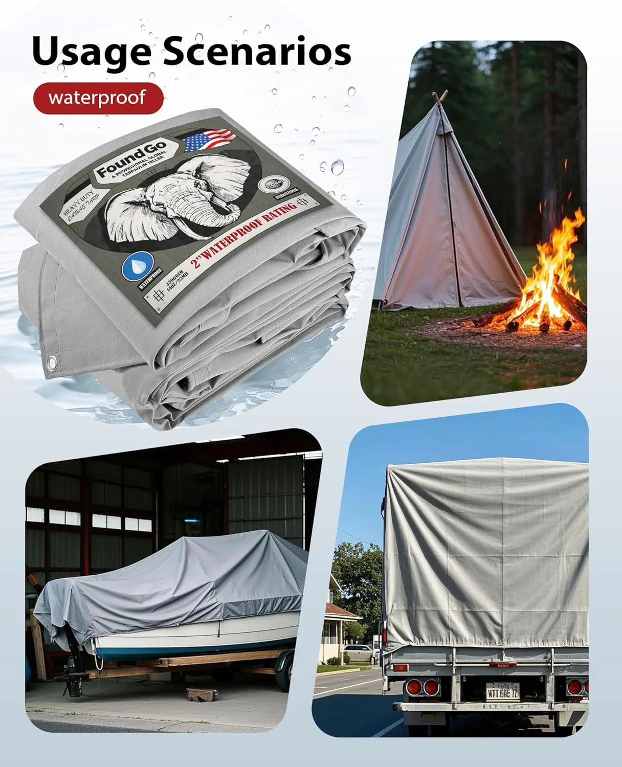 FoundGo Canvas Tarp 12x12ft Heavy Duty Waterproof Tarps with Grommets, UV Resistant, 22 Mil Tarpaulin,14 oz Durable Cloth Covers for Car, Roof, Boat, Camp, Canopy, Woodpile with Ropes-Grey