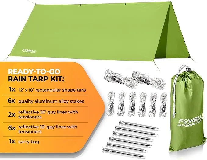 Foxelli Hammock Rain Fly - Waterproof Lightweight Tent & Hammock Rain Tarp for Camping, Backpacking w/Easy Setup Including Extra Long Guy Lines & Stakes