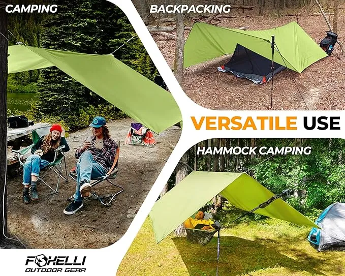 Foxelli Hammock Rain Fly - Waterproof Lightweight Tent & Hammock Rain Tarp for Camping, Backpacking w/Easy Setup Including Extra Long Guy Lines & Stakes