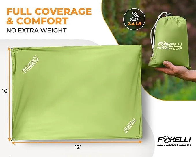 Foxelli Hammock Rain Fly - Waterproof Lightweight Tent & Hammock Rain Tarp for Camping, Backpacking w/Easy Setup Including Extra Long Guy Lines & Stakes